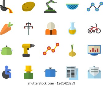 Color flat icon set drill screwdriver flat vector, saucepan, colander, potato, onion, carrot, power line support, robotics, metallurgy, person, scatter chart, news, disabled, medical analysis