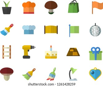 Color flat icon set drill screwdriver flat vector, paint brush, fence, flooring, cook hat, cake, mushroom, home plant, ladder, flag, bags, present, reading lamp, disco ball fector, heart pendant