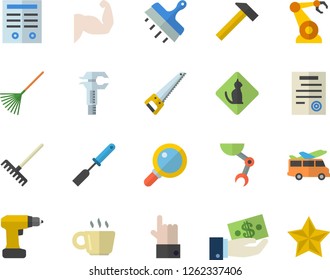 Color flat icon set drill screwdriver flat vector, saw, putty knife, hammer, kitchen spatula, rake, robotics, trammel, investments, coffee, contract, robot hand, muscles, transfer fector, magnifier