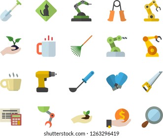 Color flat icon set drill screwdriver flat vector, saw, calculator, ladle, tea, shovel, seedlings, rake, robotics, investments, coffee, robot hand, industrial, carpal expander, boxing gloves