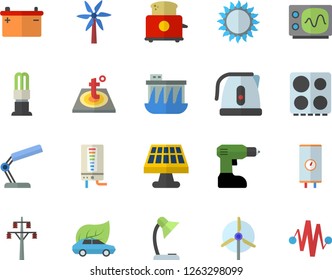 Color flat icon set drill screwdriver flat vector, warm floor, boiler, electric kettle, stove, gas, toaster, windmill, solar battery, accumulator, power line support, hydroelectric station, eco cars