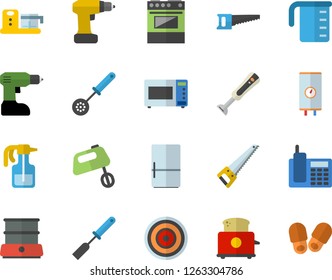 Color flat icon set drill screwdriver flat vector, saw, boiler, meashuring cup, kitchen spatula, spoon, electric stove, induction cooker, microwave, toaster, mixer, double, blender, fridge