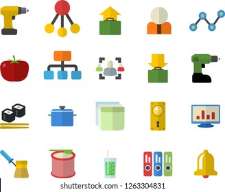 Color flat icon set drill screwdriver flat vector, door lock, saucepan, turk, tomato, fish rolls, soda, hierarchy, person, scatter chart, computer, recruitment, sticker, folder, steroids, hand, bell
