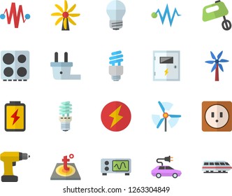 Color flat icon set drill screwdriver flat vector, sockets, energy saving lamp, switch box, warm floor, electric stove, mixer, windmill, battery, plug socket, cars, fector, oscilloscope, lightning