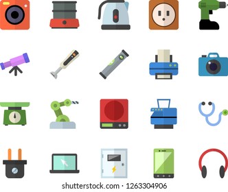 Color flat icon set drill screwdriver flat vector, level meter, sockets, switch box, weighing machine, electric kettle, double boiler, blender, plug socket, stethoscope, printer, copy, laptop