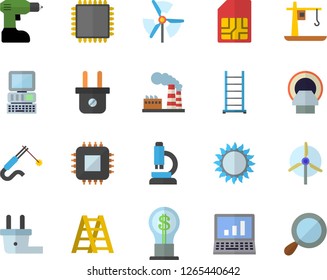 Color flat icon set drill screwdriver flat vector, ladder, gas, factory, plug socket, crane, motherboard, welding, SIM card, idea, tomograph, microscope, computer, cpu, windmill, magnifier