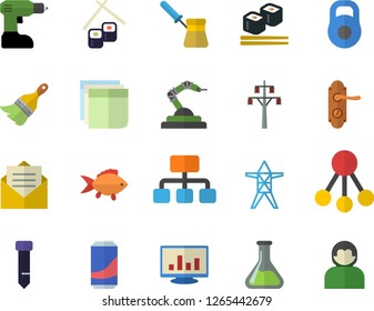 Color flat icon set drill screwdriver flat vector, paint brush, door lock, turk, fish, rolls, lemonade, chemistry, power line support, robotics, hierarchy, computer chart, sticker, tie, weight, user