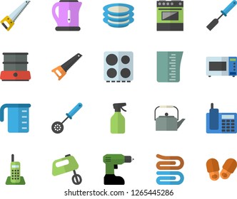 Color flat icon set drill screwdriver flat vector, saw, meashuring cup, teapot, electric kettle, kitchen spatula, spoon, towel, stove, microwave, mixer, double boiler, plates, pulverizer, telephone