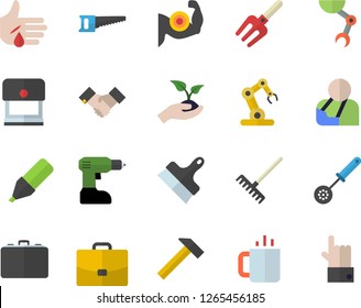 Color flat icon set drill screwdriver flat vector, putty knife, hammer, kitchen spoon, tea, pitchfork, saw, seedlings, rake, case, marker, injury, agreement, robot hand, industrial, muscles, stamp