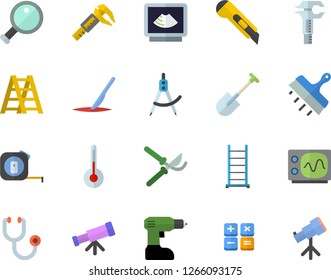 Color flat icon set drill screwdriver flat vector, tape measure, ladder, putty knife, stationery, temperature, shovel, secateurs, trammel, dividers, calculator, stethoscope, ultrasound, scalpel