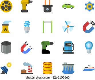 Color flat icon set drill screwdriver flat vector, solar battery, refueling, factory, oil tanks, lamp, plug socket, hydroelectric power station, radiation, electric cars, pipe production, magnet