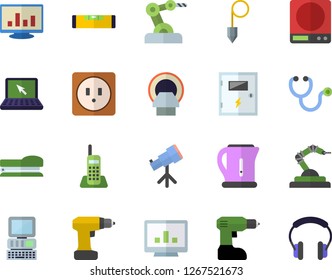 Color flat icon set drill screwdriver flat vector, level meter, sockets, switch box, construction plummet, weighing machine, electric kettle, robotics, stethoscope, tomograph, computer chart, laptop
