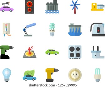 Color flat icon set drill screwdriver flat vector, warm floor, boiler, electric kettle, stove, induction cooker, food processor, windmill, socket, plug, hydroelectric power station, eco cars, bulb