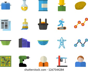 Color flat icon set drill screwdriver flat vector, saucepan, colander, potato, paint brush, chemistry, power line support, crane, metallurgy, person, scatter chart, news, office building, Treadmill