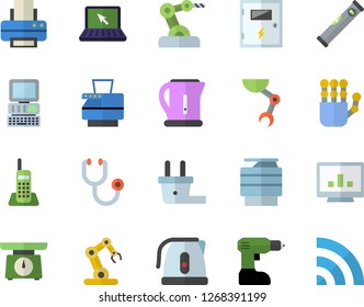 Color flat icon set drill screwdriver flat vector, level meter, switch box, weighing machine, electric kettle, plug socket, stethoscope, computer chart, telephone, printer, copy, laptop, robot hand