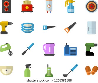 Color flat icon set drill screwdriver flat vector, saw, sink, boiler, electric kettle, ladle, kitchen spatula, induction cooker, toaster, mixer, fridge, plates, pulverizer, telephone
