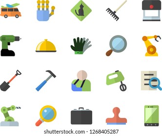 Color flat icon set drill screwdriver flat vector, hammer, mixer, dish, shovel, rake, gloves, robotics, case, injury, magnifier, robot hand, industrial, transfer fector, pets allowed, stamp, mobile
