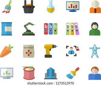Color flat icon set drill screwdriver flat vector, paint brush, carrot, seeds, power line support, robotics, metallurgy, person, medical analysis, computer chart, office building, recruitment, user