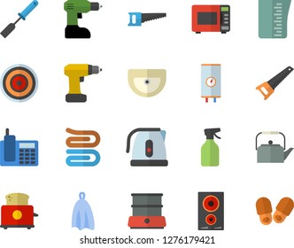 Color flat icon set drill screwdriver flat vector, saw, sink, boiler, meashuring cup, teapot, electric kettle, kitchen spatula, towel, induction cooker, microwave, toaster, double, pulverizer