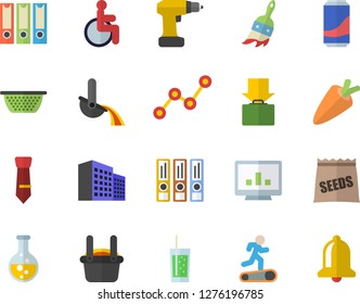 Color flat icon set drill screwdriver flat vector, colander, carrot, lemonade, soda, seeds, paint brush, chemistry, metallurgy, scatter chart, disabled, computer, office building, tie, Treadmill