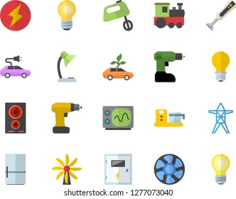 Color flat icon set drill screwdriver flat vector, switch box, induction cooker, mixer, blender, fridge, food processor, ventilation, windmill, lamp, power line support, eco cars, electric, reading