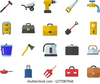 Color flat icon set drill screwdriver flat vector, saw, door lock, ax, frying pan, teapot, electric kettle, pitchfork, shovel, bucketful, garden wheelbarrow, water tap, case, briefcase, archive