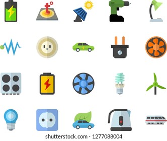 Color flat icon set drill screwdriver flat vector, sockets, warm floor, electric kettle, stove, ventilation, battery, solar, windmill, lamp, socket, plug, energy saving, eco cars, reading, train