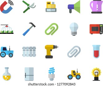 Color flat icon set drill screwdriver flat vector, energy saving lamp, heating batteries, hammer, electric kettle, microwave, fridge, tractor, sprinkling machine, secateurs, chemistry, magnet, cash