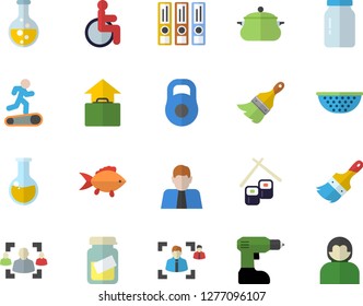 Color flat icon set drill screwdriver flat vector, paint brush, saucepan, colander, glass jar, fish, rolls, chemistry, person, disabled, medical analysis, recruitment, folders for papers, weight