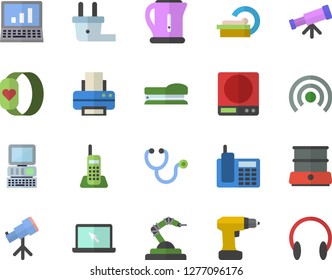 Color flat icon set drill screwdriver flat vector, weighing machine, electric kettle, double boiler, plug socket, robotics, stethoscope, tomograph, telephone, printer, laptop, stapler, computer