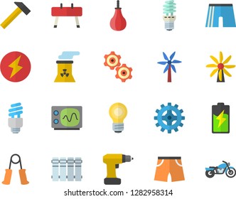 Color flat icon set drill screwdriver flat vector, heating batteries, hammer, windmill, battery, cogwheel, energy saving lamp, bulb, fector, nuclear power plant, oscilloscope, lightning, pear