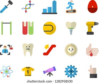 Color flat icon set drill screwdriver flat vector, kitchen egg timer, meat hammer, socket, cogwheel, chart, injury, caries, implant, recruitment, book, atom, telescope, dna, parallel bars, Treadmill