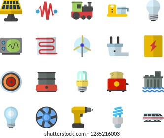 Color flat icon set drill screwdriver flat vector, energy saving lamp, switch box, warm floor, induction cooker, toaster, double boiler, food processor, ventilation, solar battery, plug socket, bulb