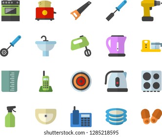 Color flat icon set drill screwdriver flat vector, saw, sink, meashuring cup, electric kettle, kitchen spatula, spoon, stove, induction cooker, toaster, mixer, food processor, plates, pulverizer