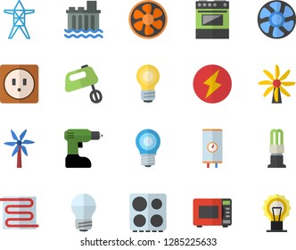 Color flat icon set drill screwdriver flat vector, sockets, energy saving lamp, warm floor, boiler, electric stove, microwave, mixer, windmill, ventilation, power line support, hydroelectric station