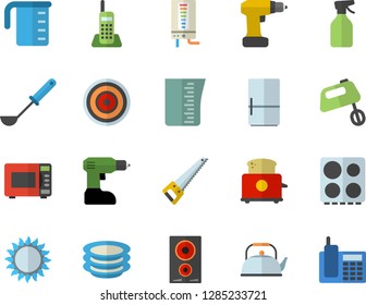 Color flat icon set drill screwdriver flat vector, saw, boiler, meashuring cup, teapot, ladle, electric stove, induction cooker, gas, microwave, toaster, mixer, fridge, plates, pulverizer, telephone