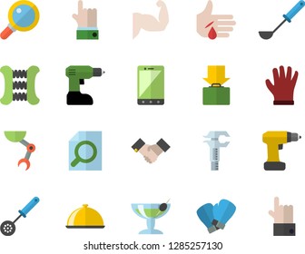 Color flat icon set drill screwdriver flat vector, ladle, kitchen spoon, dish, gloves, trammel, injury, magnifier, agreement, robot hand, muscles, carpal expander, boxing, get luggage fector, mobile