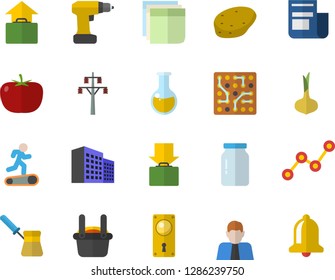 Color flat icon set drill screwdriver flat vector, door lock, turk, glass jar, potato, tomato, onion, power line support, metallurgy, person, scatter chart, news, medical analysis, office building