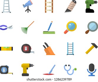 Color flat icon set drill screwdriver flat vector, tape measure, ladder, level meter, stationery knife, hammer, knives, secateurs, rake, stethoscope, scalpel, telescope, magnifier, microphone