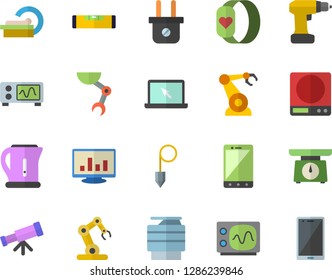 Color flat icon set drill screwdriver flat vector, level meter, construction plummet, weighing machine, electric kettle, plug socket, robotics, tomograph, computer chart, copy, laptop, robot hand
