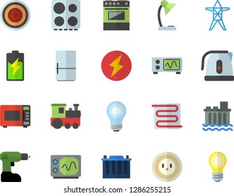 Color flat icon set drill screwdriver flat vector, warm floor, electric kettle, stove, induction cooker, microwave, fridge, battery, accumulator, socket, power line support, hydroelectric station