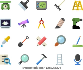 Color flat icon set drill screwdriver flat vector, ladder, measure, putty knife, stationery, hammer, weighing machine, shovel, rake, dividers, magnifier, pipette, ultrasound, oscilloscope, telescope