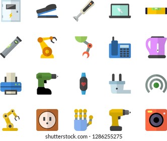 Color flat icon set drill screwdriver flat vector, level meter, sockets, switch box, electric kettle, blender, plug socket, robotics, telephone, printer, laptop, stapler, robot hand, industrial
