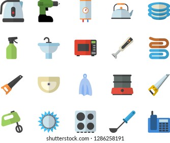 Color flat icon set drill screwdriver flat vector, saw, sink, boiler, teapot, electric kettle, ladle, towel, stove, gas, microwave, mixer, double, blender, plates, pulverizer, telephone