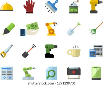 Color flat icon set drill screwdriver flat vector, saw, calculator, putty knife, coffee grinder, dish, shovel, rake, gloves, robotics, marker, investments, magnifier, contract, stamp, mobile