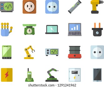 Color flat icon set drill screwdriver flat vector, level meter, sockets, switch box, weighing machine, double boiler, socket, plug, robotics, telephone, laptop, robot hand, computer, oscilloscope