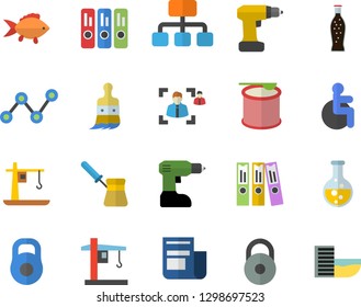 Color flat icon set drill screwdriver flat vector, turk, fish, lemonade, paint brush, chemistry, crane, hierarchy, scatter chart, news, disabled, recruitment, folder, weight, steroids
