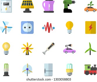 Color flat icon set drill screwdriver flat vector, sockets, energy saving lamp, switch box, electric kettle, blender, fridge, solar battery, windmill, eco cars, bulb, discharge, train