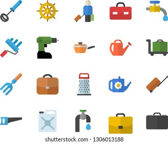 Color flat icon set drill screwdriver flat vector, paint roller, saute, whisk, grater, pitchfork, saw, watering can, water tap, canister, case, briefcase, luggage fector, trolley, steering wheel