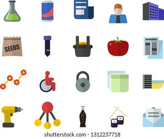 Color flat icon set drill screwdriver flat vector, tomato, fish rolls, lemonade, seeds, chemistry, metallurgy, hierarchy, person, scatter chart, news, disabled, office building, sticker, tie, weight
